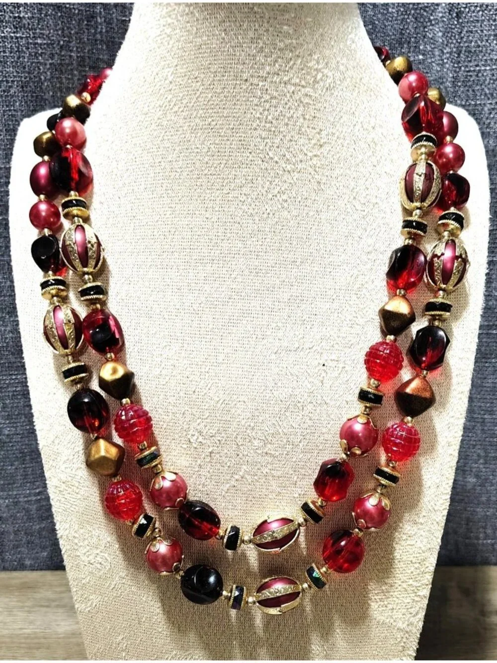 Vtg Vendome Style Red Gold Multicolor Beaded Necklace Double Strand Statement